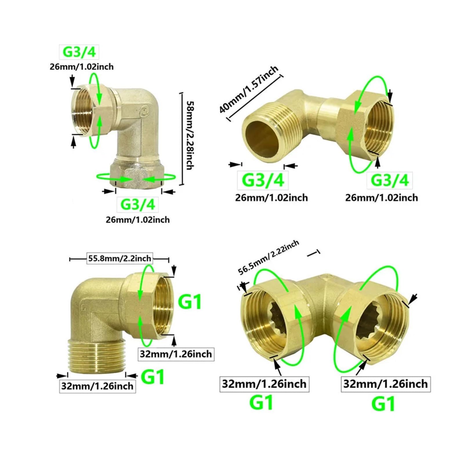 1pcs Brass 3/4" 1" Male Female Thread Elbow Connector 90 Degrees Hose Fittings Tube connectors Rotate G3/4 G1 Water Joint