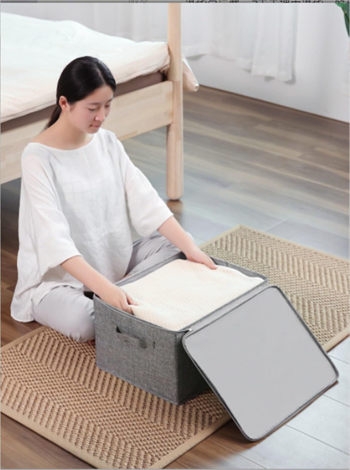 Bolsa de Almacenamiento Caja De Almacenamiento De Ropa Y Edredones, Organizador De Almacenamiento De Ropa De Cama De Algodón Y Lino Bolsa ropa Almacenaje(Beige,50x38x30cm)