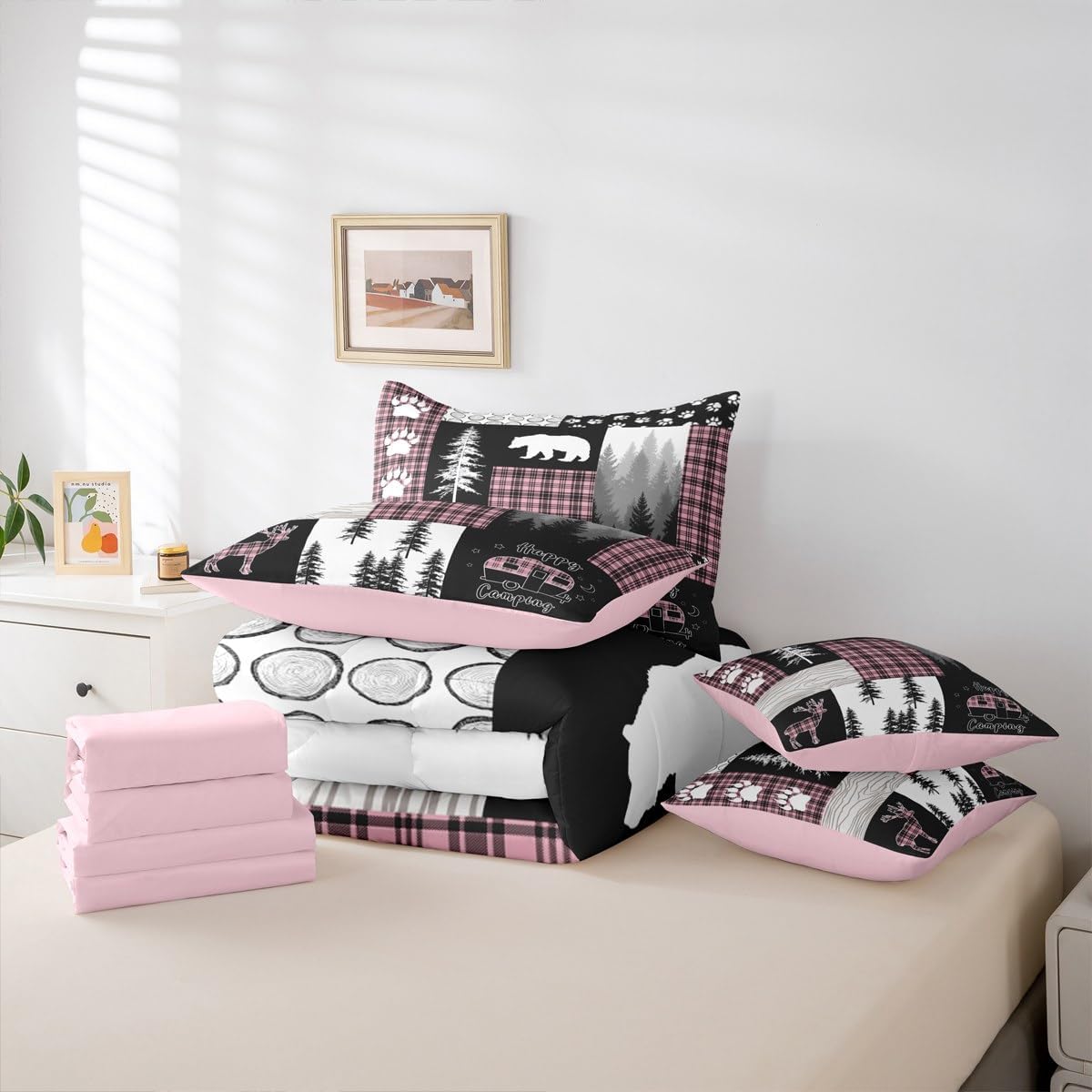 Erosebridal 7Pc Rustic Cabin Lodge Queen Comforter Set, Bear Deer Farmhouse Country Bedding Sets with Sheets, Pink and Black Buffalo Plaid Patchwork Quilt Camping Decor RV Bunk Camper Bed in a Bag