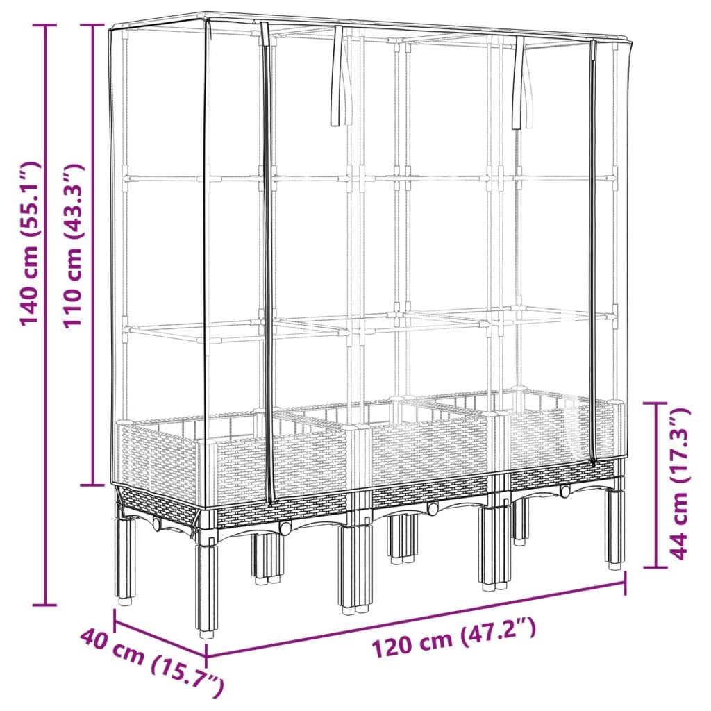 Bancal alto con accesorio de jardín con aspecto de ratán, 120 x 40 x 140 cm | Tubo de polipropileno y hierro, cubierta impermeable, ventilación con cremallera, para balcón y jardín