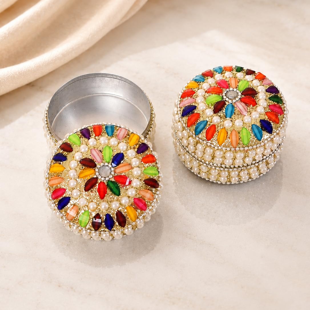 Craftam Handmade Decorative Jewelry Storage Box – Multicolor Beaded Trinket Box for Earrings, Rings & Small Accessories (Silver, Set of 2)-image-7