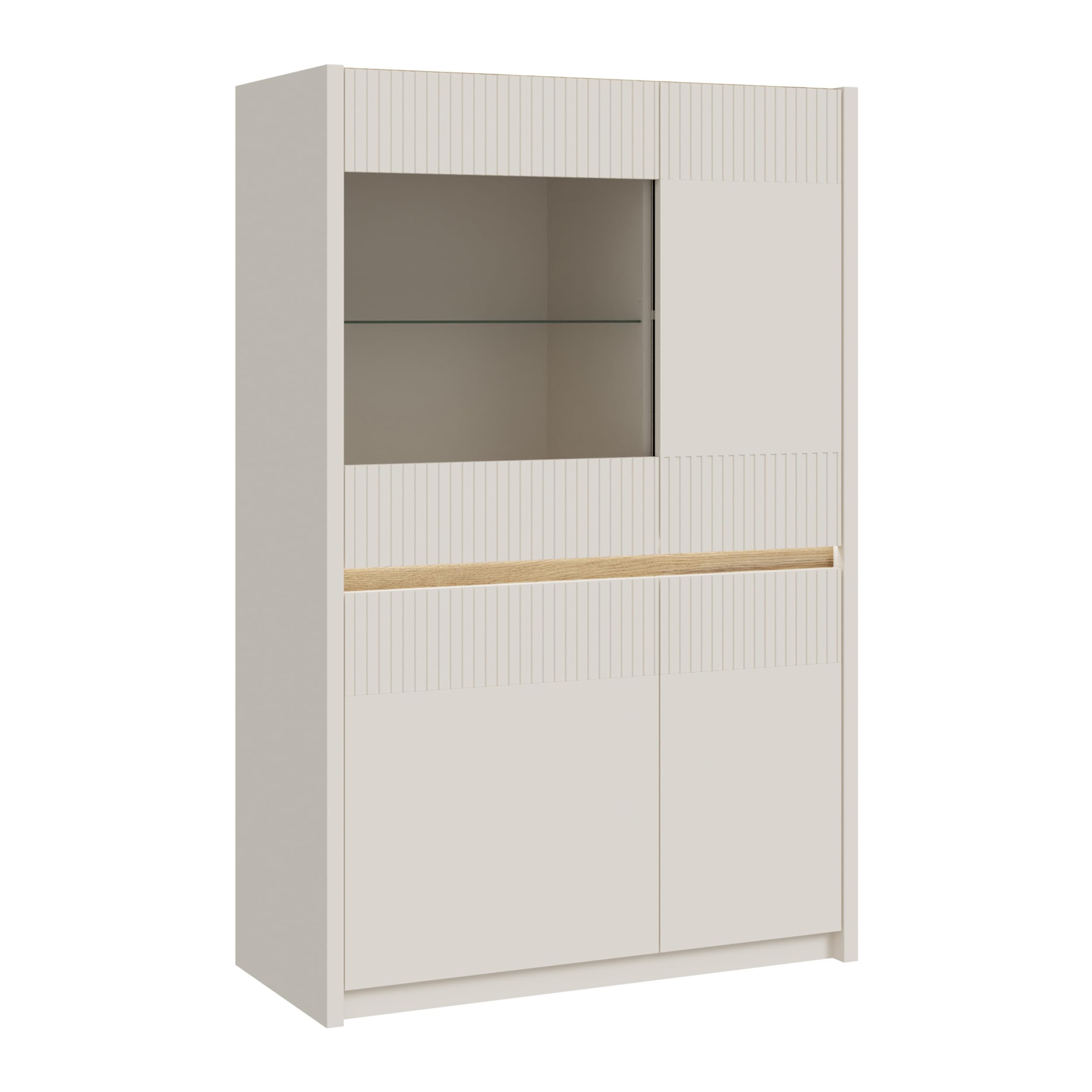 Forte Oak SQUERE Vitrine 90 100, Elegante Wohnzimmervitrine mit 4 Türen und Beleuchtung, Holzwerkstoff, Mauvella Eiche Holzdekor/Sand, 95,3 cm breit x 146,7 cm hoch x 41,5 cm tief