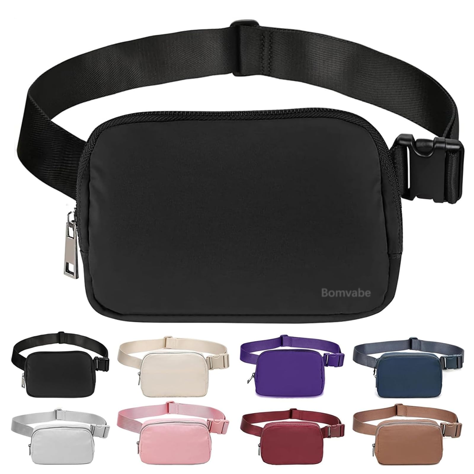 BomvabeFanny Pack for Women Teens Girls, Black Everywhere Belt Bag with Adjustable Strap 32" to 51", 1L Ladies Small Bum Bag, Crossbody Bag Lightweight for Travel Sport Running Cycling Hiking Skiing