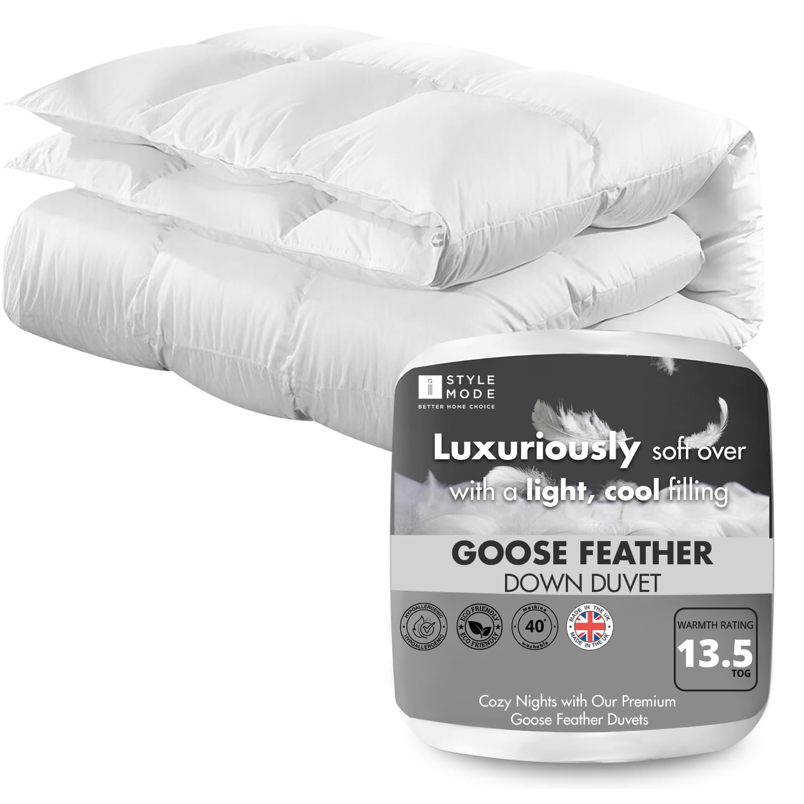 Istyle Mode Better Home Choice White Goose Feather & Down Single Duvet, 13.5 Tog Warm Winter Quilt Ideal For Cold & Chilly Nights, 100% Cotton Cover, Machine Washable, Hypoallergenic (13.5 Tog, Single)