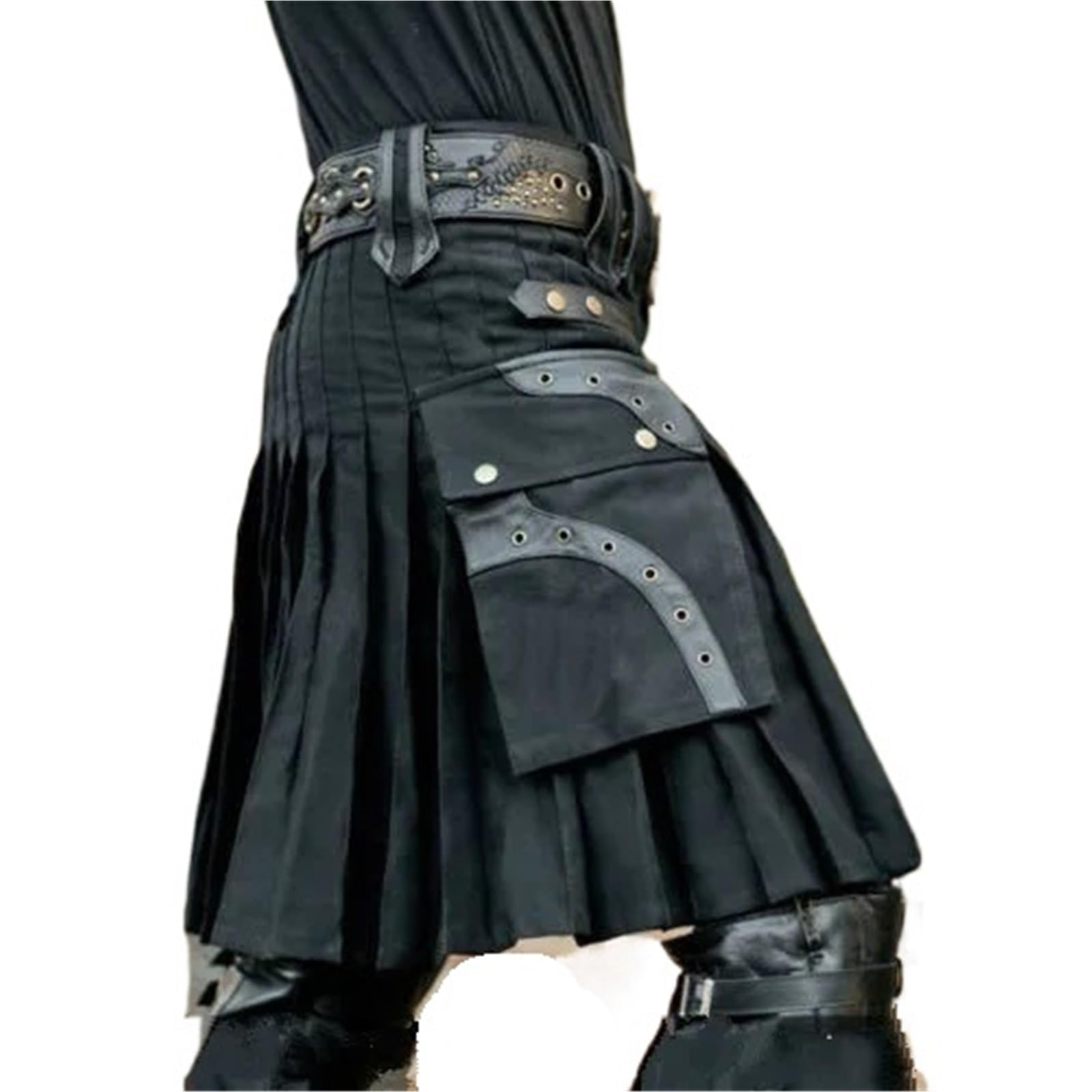 Schottenrock Herren Echt Schwarz & Rot Leder Gladiator Kilt mit flachen Frontplatten Scottish Kilts Utility(XXXL)