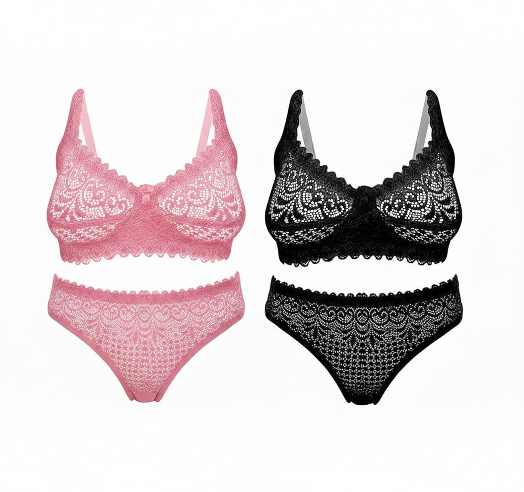 Women Floral Lace Bra & Panty Set Combo Pack of 2 (Pink & Black | Stylish Transparent Lace Lingerie Set | Comfortable Innerwear-image-9