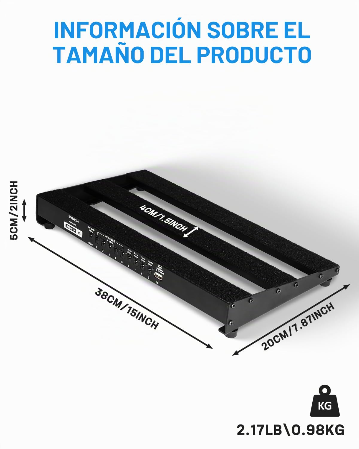STRICH Tabla de Pedales de Guitarra con Fuente de Alimentación Integrada, Tabla de Pedales 15 x 7.8" Aleación de Aluminio Ligera, Tabla de Pedales con Cables de Pedal, Bolsa, Tiras de Velcro PB-MP15