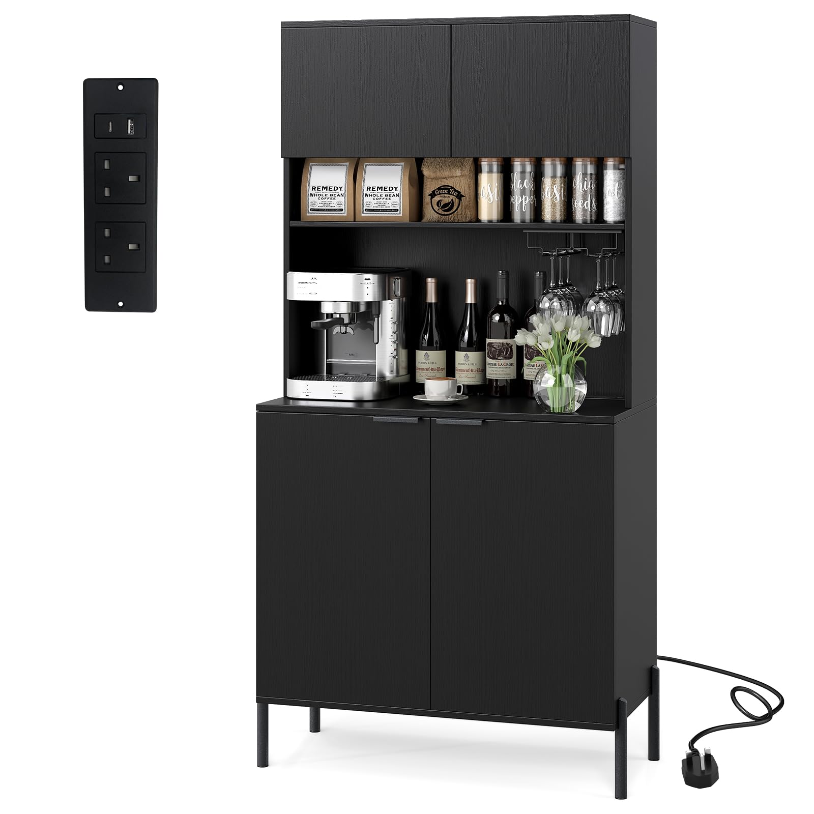 TANGZON Tall Kitchen Cupboard with Power Outlets, 4 Door Wooden Storage Sideboard with Adjustable Shelf, Glass Holder & Countertop, Freestanding Pantry Cabinet Organiser for Dining Living Room (Black)