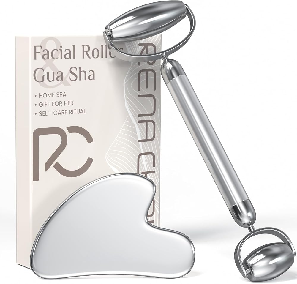 Rena Chris Gua Sha and Face Roller Set: Anti-Breakage Stainless Steel Roller for Long-Lasting Use, Jawline Sculpting and Puffiness Reducing, Gua Sha Facial Tools for Self Care Gift (Silver)