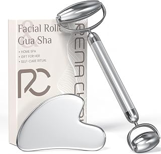 RenaChris Stainless Steel Gua Sha & Face Roller Set: Anti-Breakage, Jawline Sculpting, Puffiness Reducing Facial Tools (Silver)