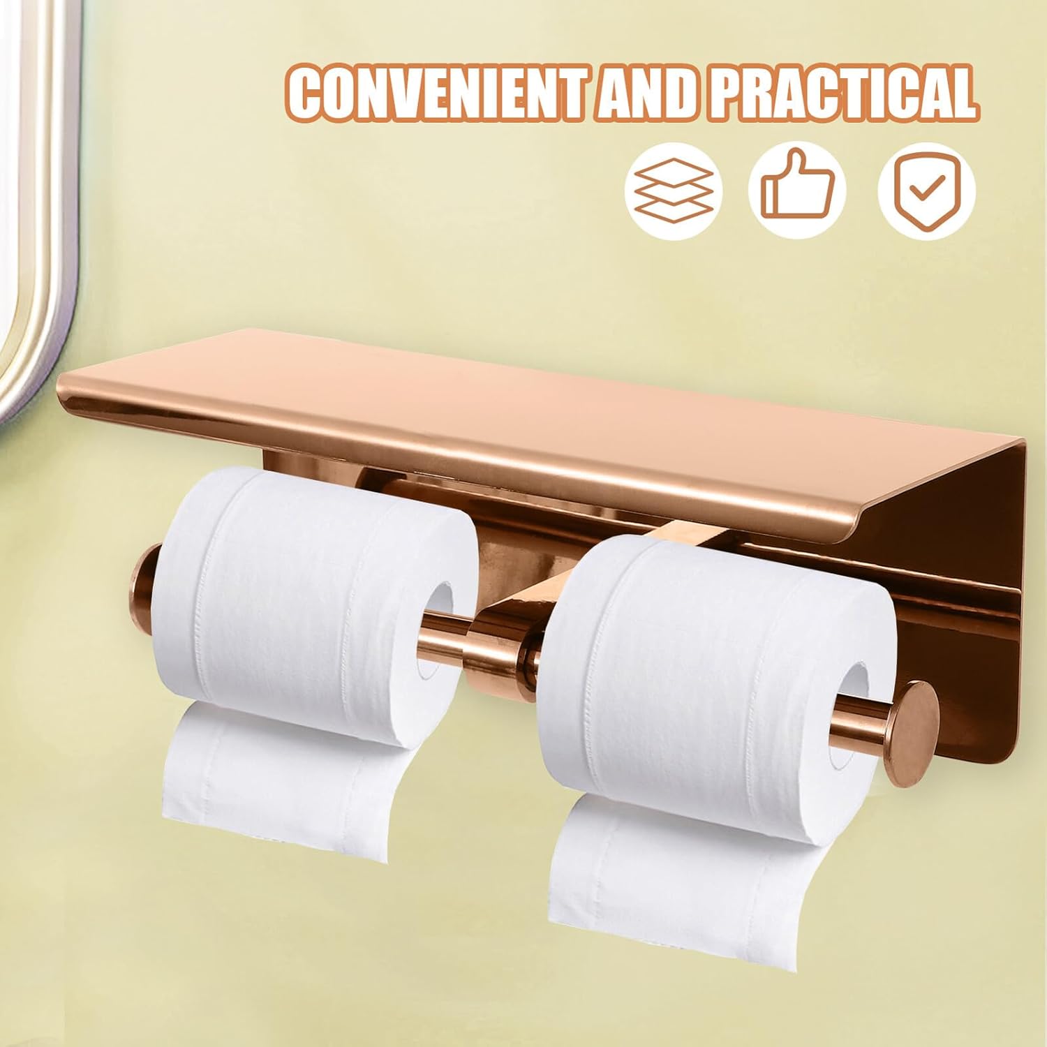 Double Toilet Paper Holder with Phone Shelf, Brushed Stainless Steel Bathroom Tissue Rack, Wall-Mounted Roll Paper Shelf for Home and Hotel Use