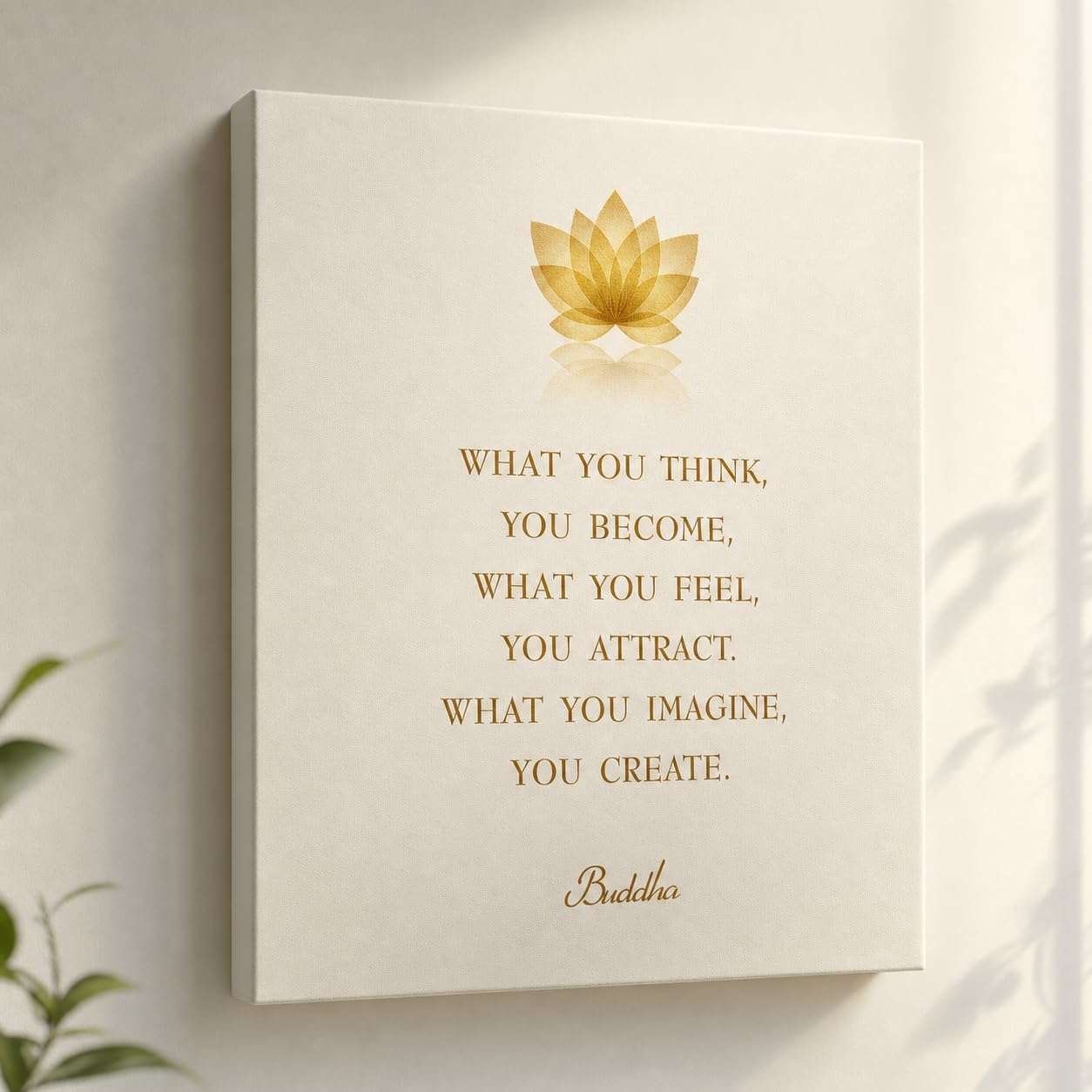 Buddha Quote Framed Wall Art Print Painting,What You Think You Become Canvas Poster, Zen Meditation Lotus Flower Buddhism Artwork for Yoga Studio Therapy Buddha Room, Read to Hang 12x15 In