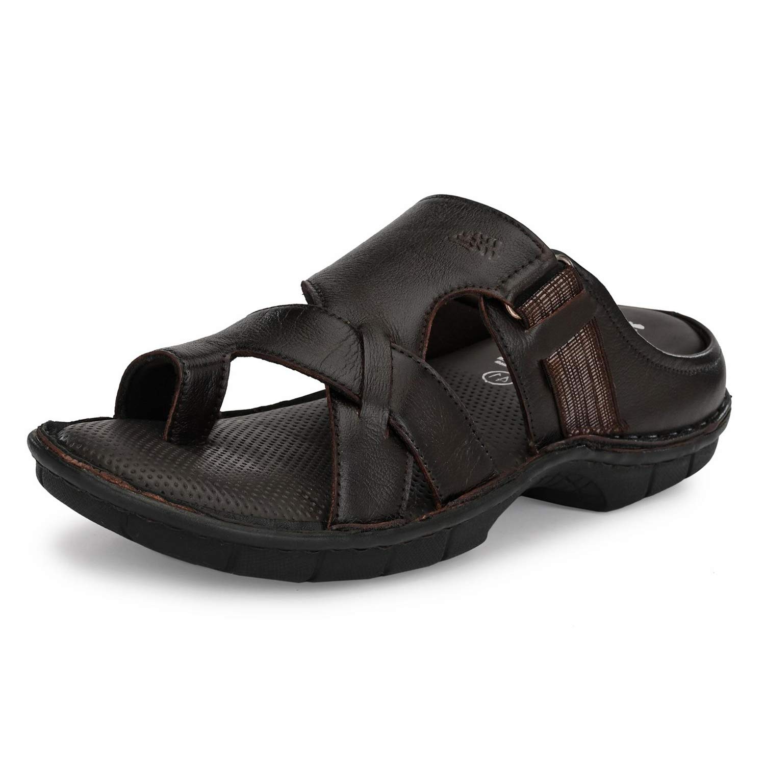 hitz Men's Black Leather Toe Ring Comfort Slippers-picture-5
