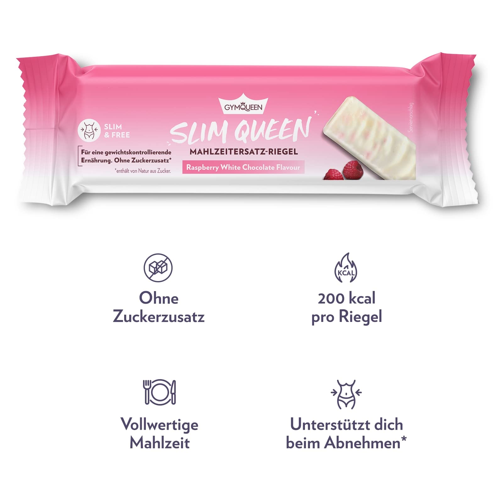 GymQueen Slim Queen Bar 12x60g, barretta sostitutiva del pasto, solo 200 kcal per porzione, con vitamine e nutrienti essenziali e ben 15g di proteine per barretta, Cioccolato bianco al Lampone