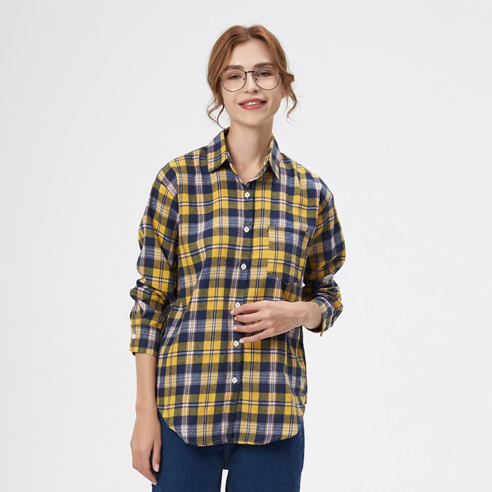 Bluse Damen Elegant，Damenhemden Flanell Gelb Und Blau Kariert Gestreift Freizeithemden Pullover Langarmhemden Schicke Button-Down-Revershemden Lockere Leichte Jacken Holzfällerhemden Geschenke Fü