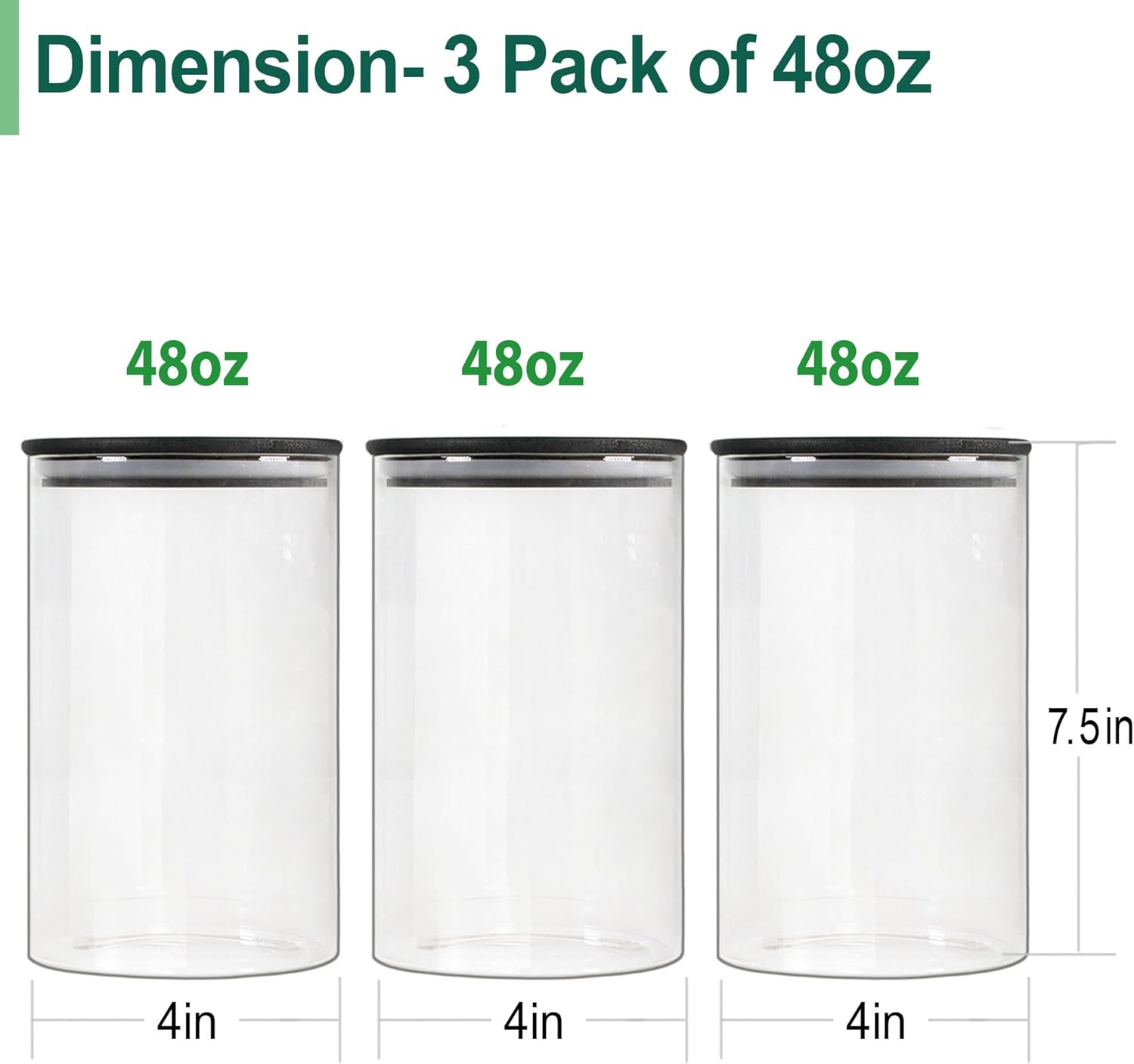 Urban Green Glass Jars with Black Lids, Glass food storage container sets with black lids, Airtight Canisters Sets with Bamboo Lids. Pantry Jar (3 Pack of 48oz) - Image 3