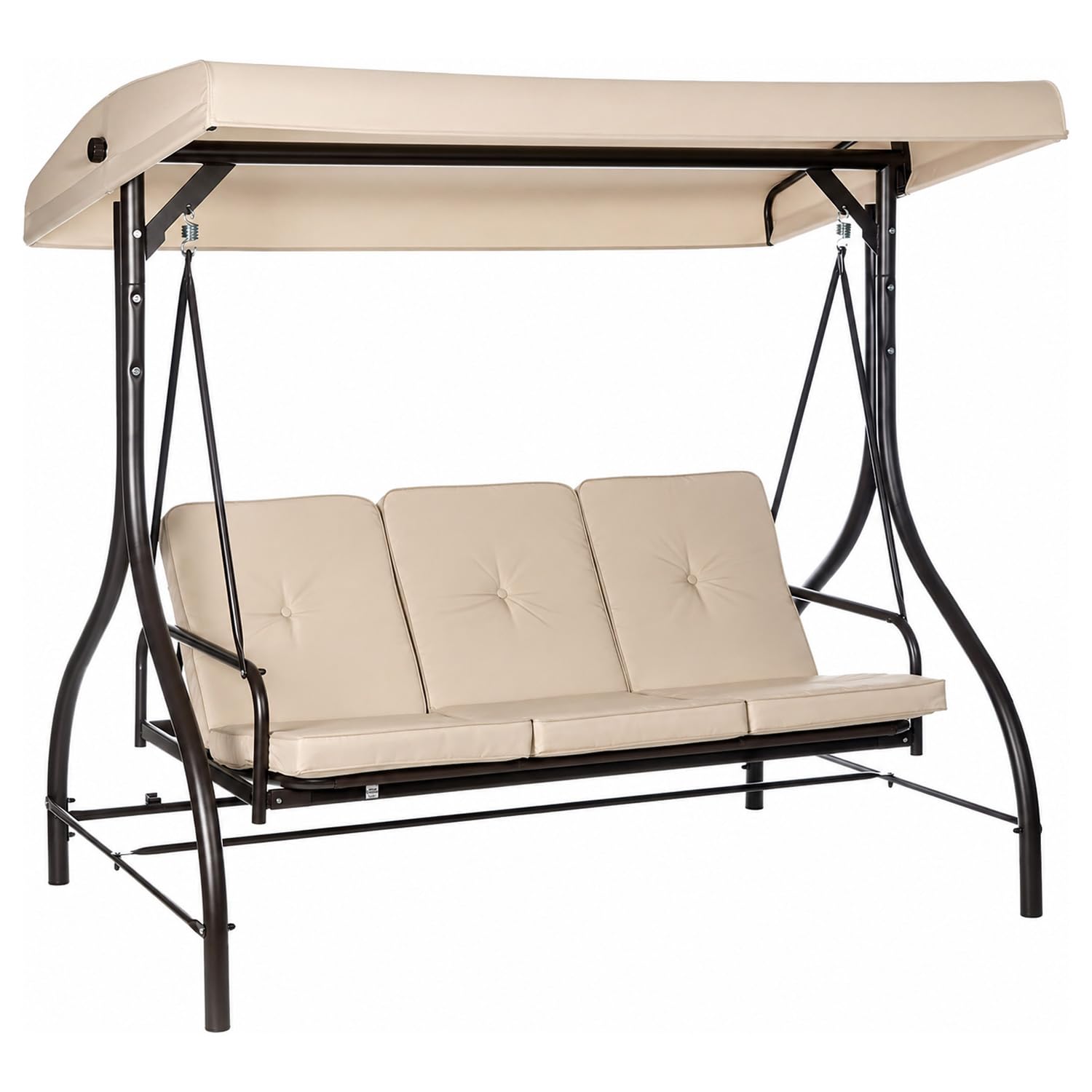 Dondolo Per Terrazzo E Giardino 3 Posti Con Tettuccio Parasole Seduta Reclinabile Convertibile In Letto Struttura Acciaio 195 X 120 X 175 Cm Beige