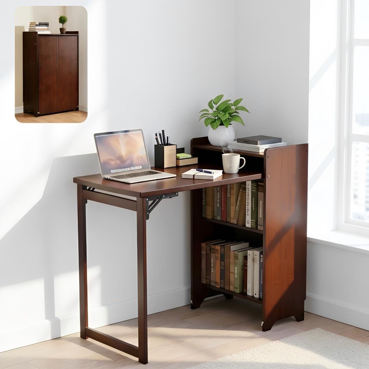 Bamboo Folding Desk with Storage, Mid Century Fold Out Table, Space Saving Foldable Desk for Small Spaces, Multi-Functional Computer Desk for Home Office, Bedroom, Apartment & Dorm