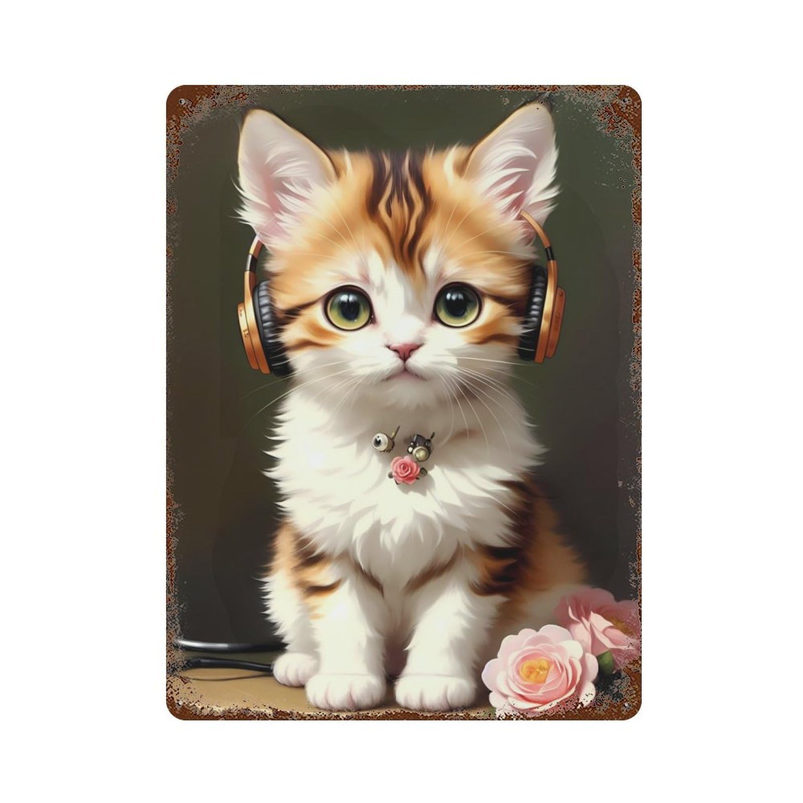 Vintage Rust Metal Sign with Kitten with Headphones Design 15.7"x11.8", for Garage, Bar And Workshop Decor, Retro Wall Decor