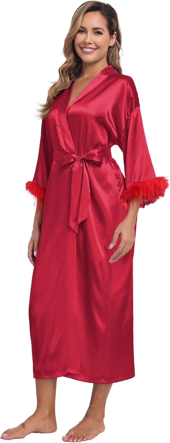 MissNina Women's Satin Kimono Robe with Feather Trim Silk Robes Bridesmaid Robes Bridal Party Sleepwear - Image 4
