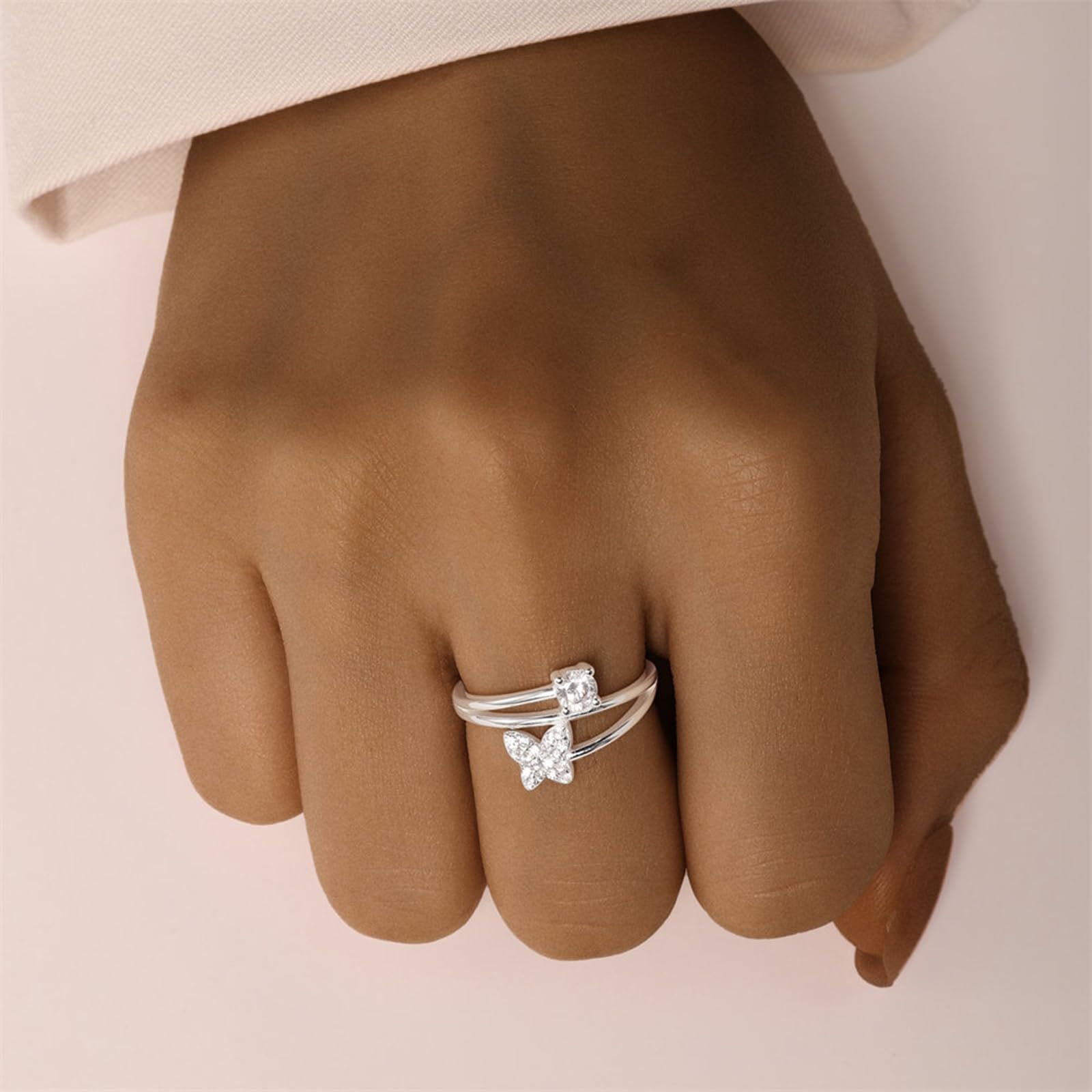 Anello Donna Proposta Matrimonio, Donna Oro Bianco Anello Aperto con moissanite Rotonda e a Farfalla