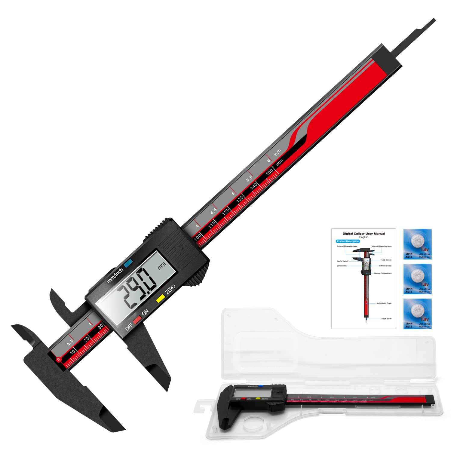 Digital Caliper, Qfun Caliper Measuring Tool - Electronic Micrometer Caliper for Jewelry Measurement, Inch and Millimeter Conversion