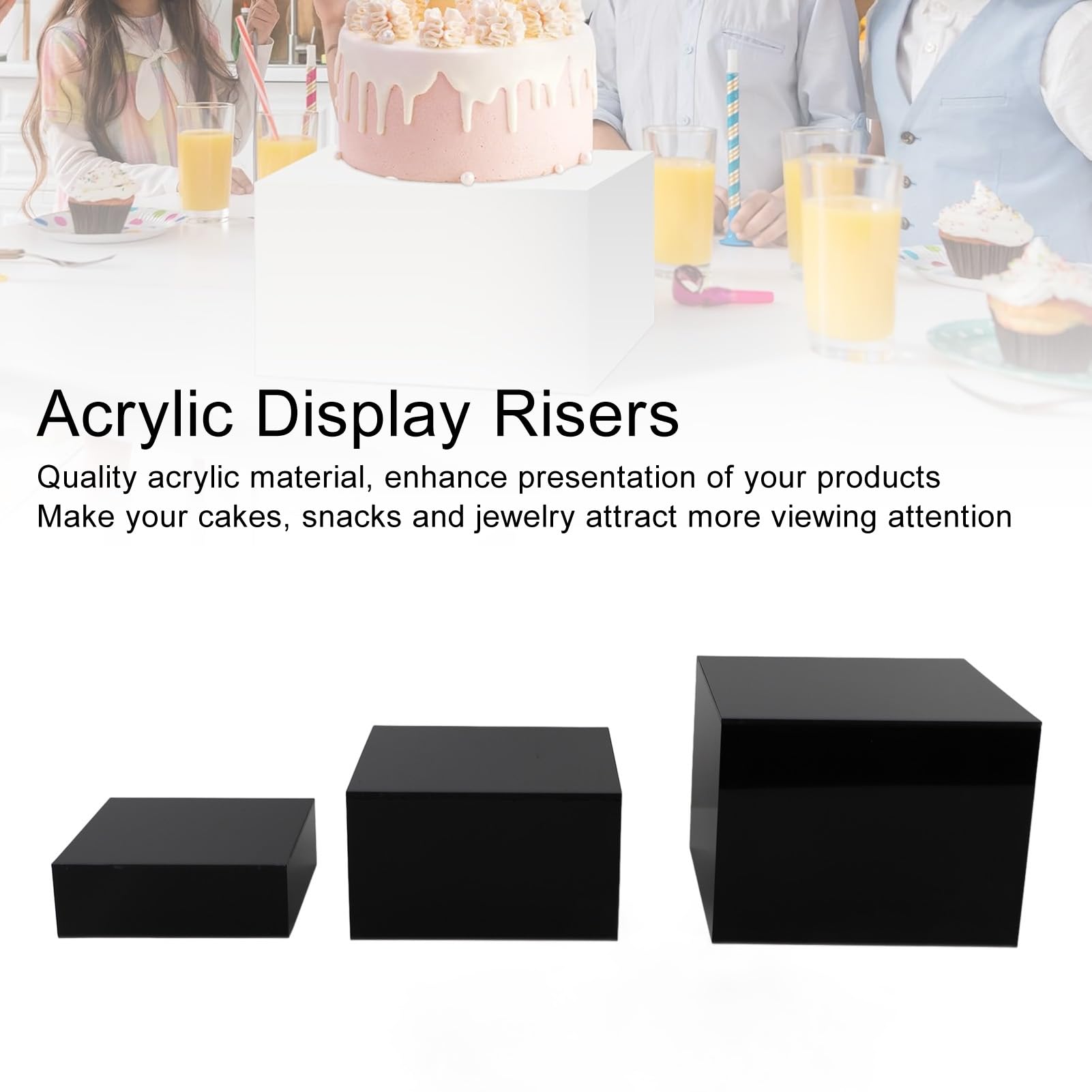 Asixxsix Buffet Risers, Set of 3 Acrylic Cube Food Risers for Buffet Table, Multiple Uses Small Stackable Display Stand Shelf for Catering Dessert Collectibles Jewelry Figures Show (Black)