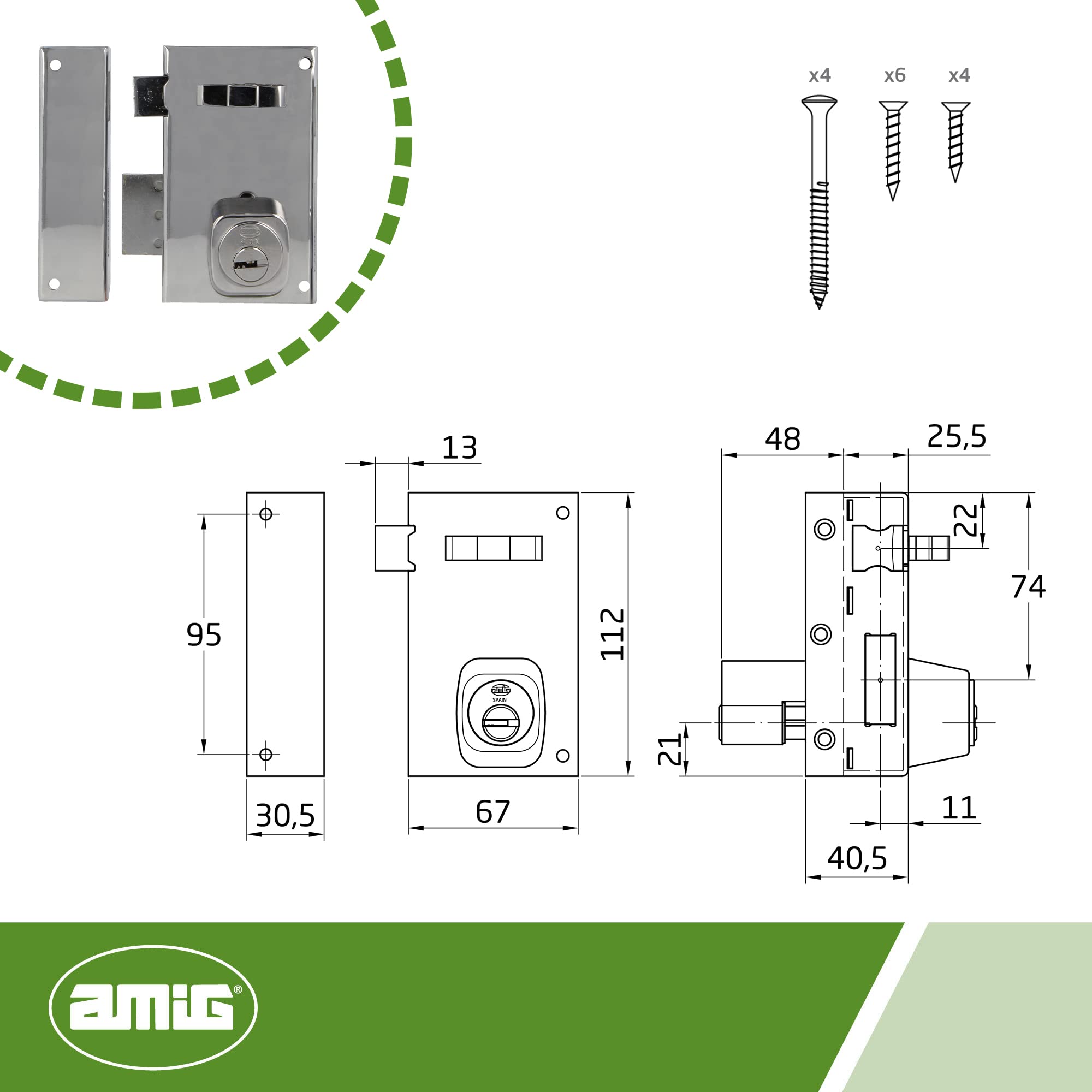 Amig - Serratura da sovrapposizione a sinistra con leva di chiusura, linguetta e maniglia per porte in legno mod. 76-67 x 112 mm - Cilindro Europrofilo - Acciaio Argento