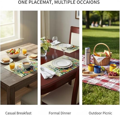 Miniatura 6 de Juego de 4 manteles individuales de tela lavables para mesa de comedor con diseño de gato negro, decoración floral para cocina y comedor para