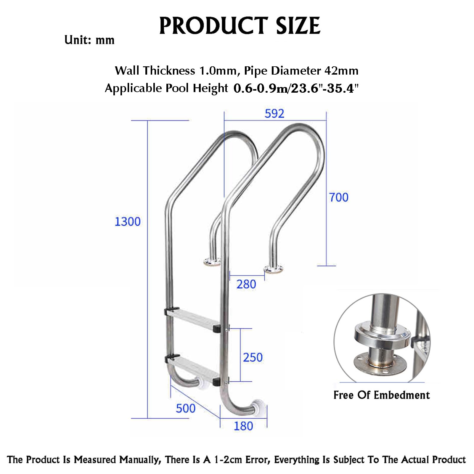 Scale per Piscina, gradini in Acciaio Inox, Scale per Salire in Piscina con corrimano, Adatte a Piscine, Spa e parchi Acquatici (2 gradini)