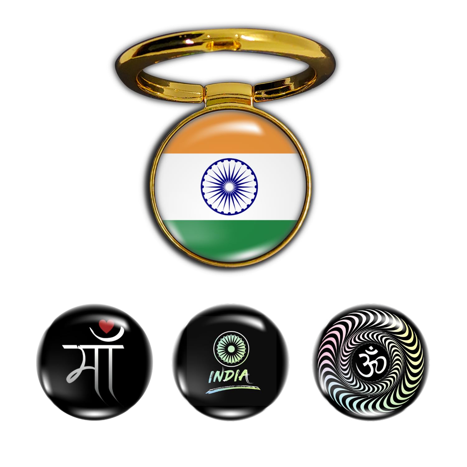 Swap-n-Snap 4-in-1 Metallic Mobile Back Ring Holder | Strong Grip for Phone & Back Cover | 4 3D Logo Magnets | 360° Adjustable Stand