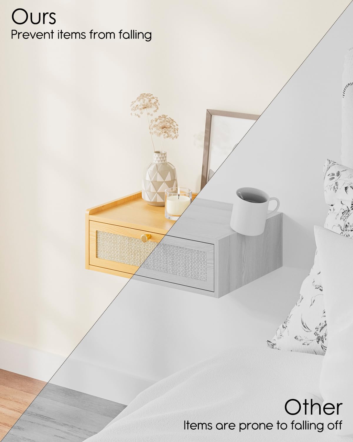 Mesita de noche flotante, mesita de noche montada en la pared con cajón, pequeños estantes flotantes, mesita de noche de madera flotante para dormitorio, sala de estar, baño 4