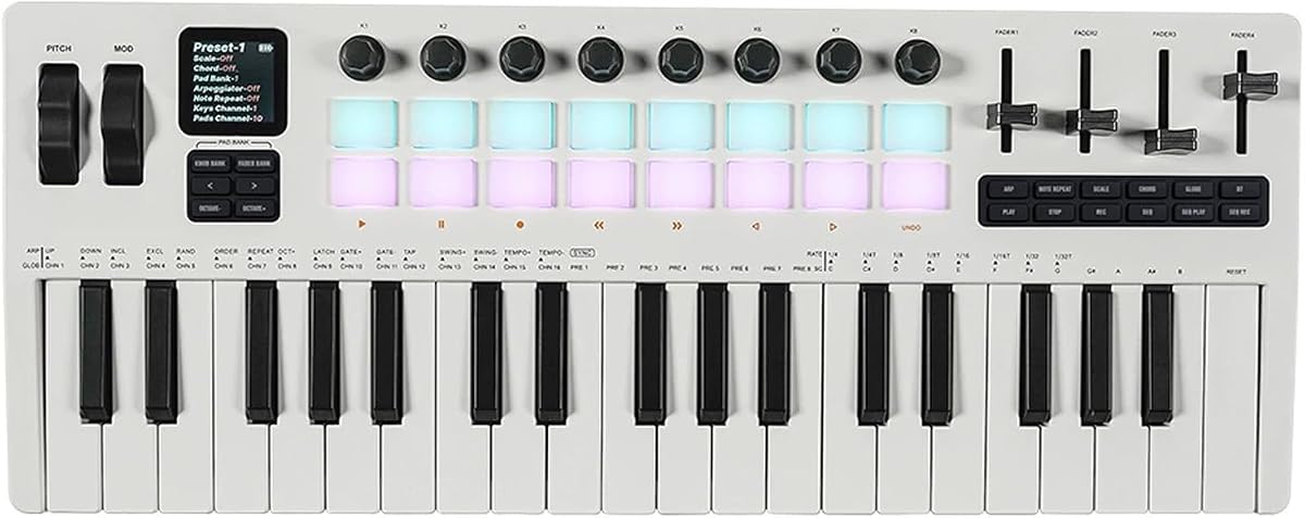 Controlador de teclado MIDI de 37 teclas con pads RGB Perillas Faders | Controlador MIDI de 37 teclas con 16 pads RGB, 8 perillas, 4 faders, BT-MIDI, pantalla LCD y control DAW para producción musical