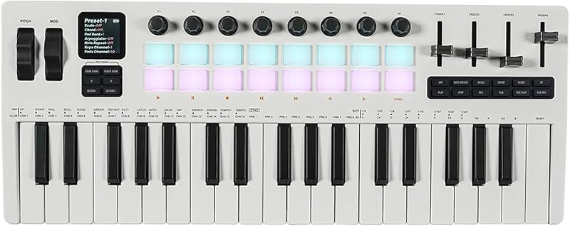 Controlador de teclado MIDI de 37 teclas con pads RGB Perillas Faders | Controlador MIDI de 37 teclas con 16 pads RGB, 8 perillas, 4 faders, BT-MIDI, pantalla LCD y control DAW para producción musical