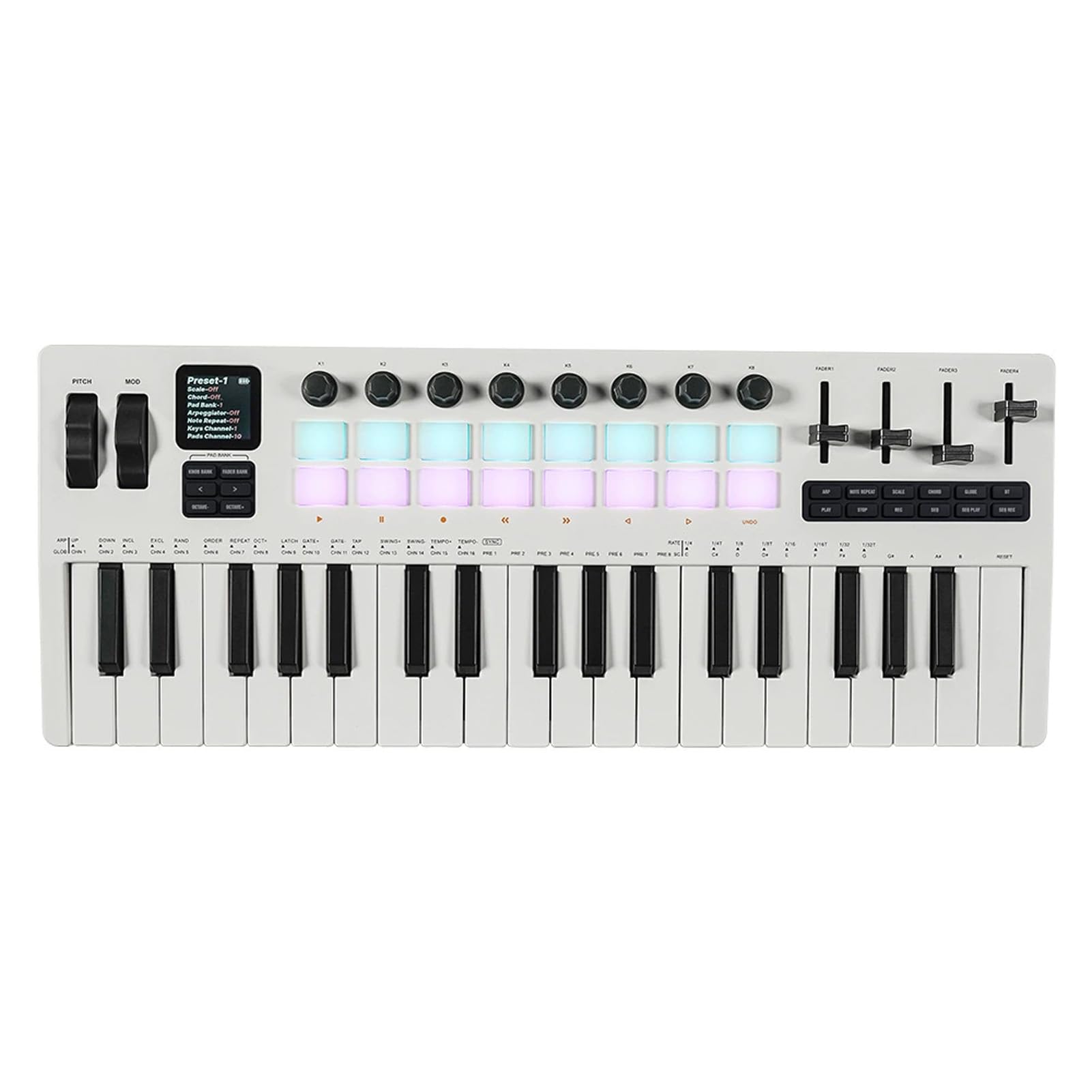 Btuty Controlador de teclado MIDI de 37 teclas, controlador de producción de música, teclado de piano MIDI con 16 almohadillas de batería RGB, 8 perillas, 4 atenuadores, motor sintetizador para