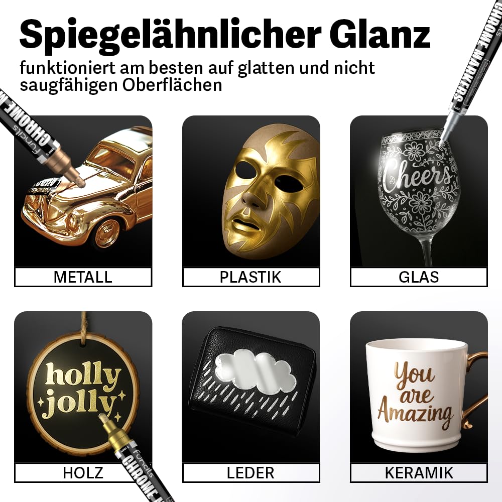 Chrom Lackstift Set - 4 Lackstifte Dual Spitze: 2x Silber, 1x Gold, 1x Kupfer | Lackstift Silber Metallic Auto, Chrom Farbe Gold, | Silberstift Metallic wasserfest für Auto, Glas, Metall