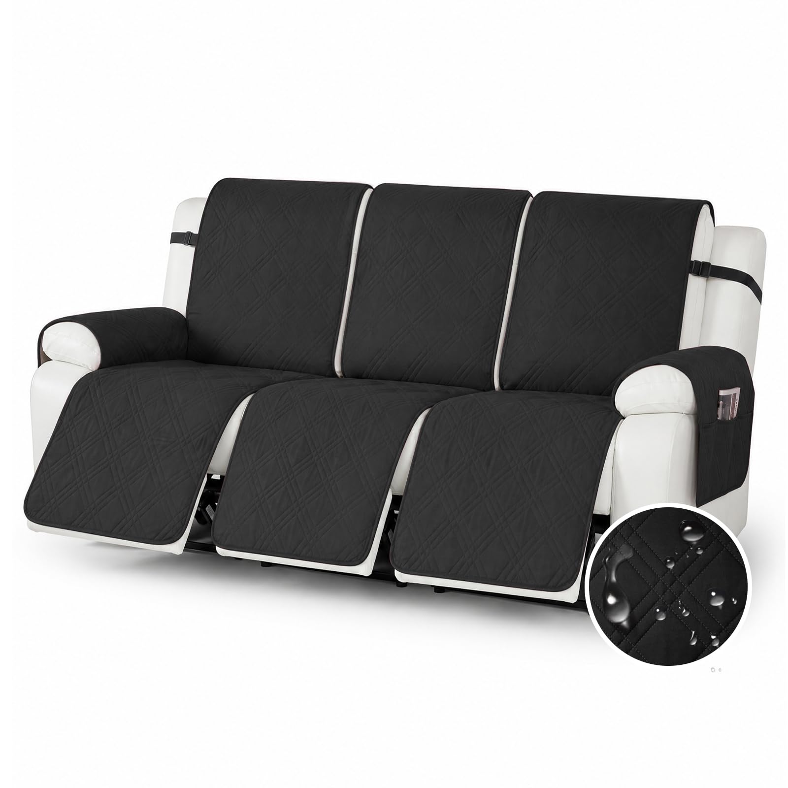 YushengTai Armchair Covers, 100% Waterproof, Anti-Slip, 3 Seater Recliner Chair Cover, Chair Covers for Armchairs with 4 Pockets, 3 Adjustable Straps (Black)