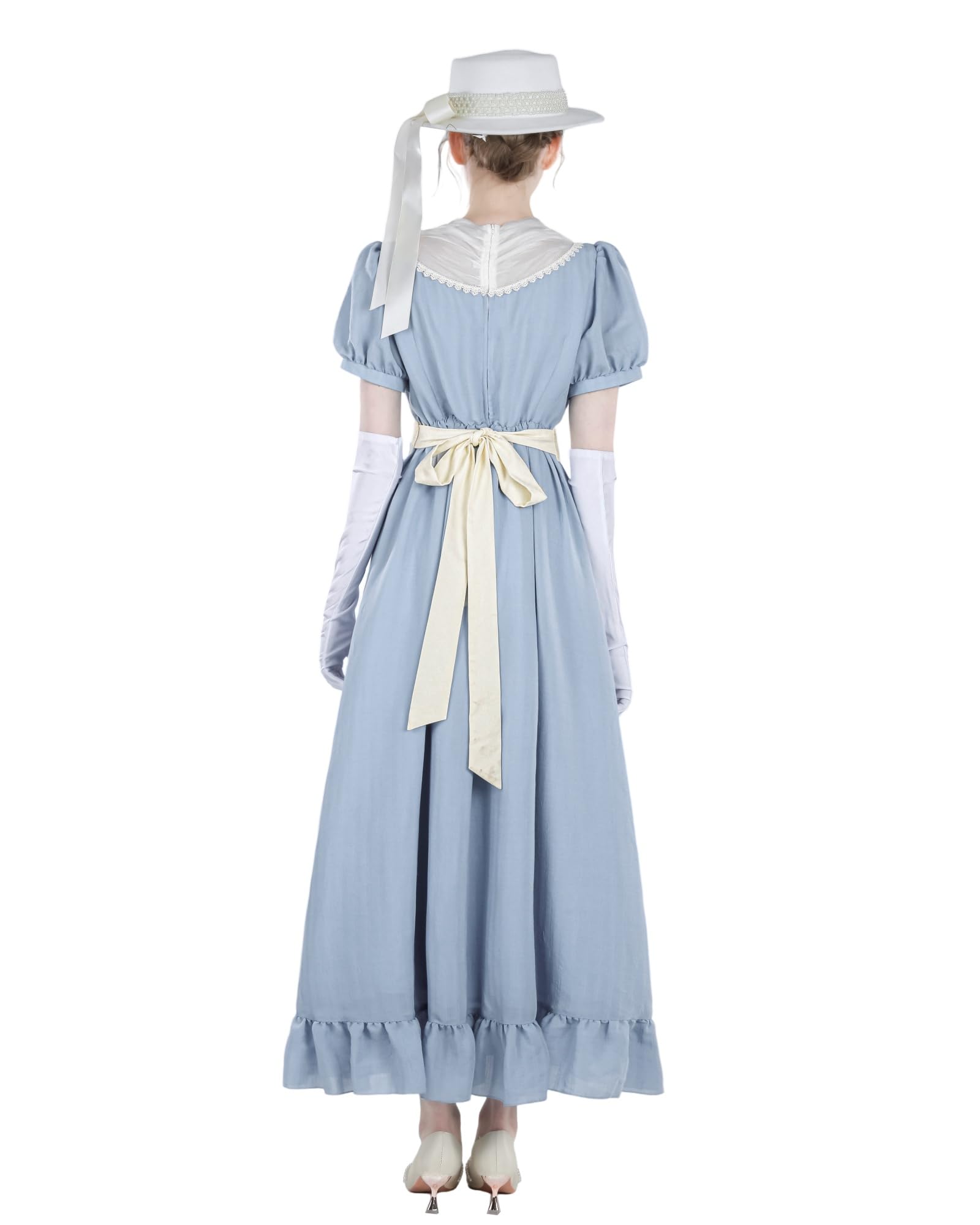 Regency Robe longue vintage pour femme avec manches bouffantes - Style empire - Robe d'été avec ceinture et broche de poitrine - Robe de bal cosplay avec gants