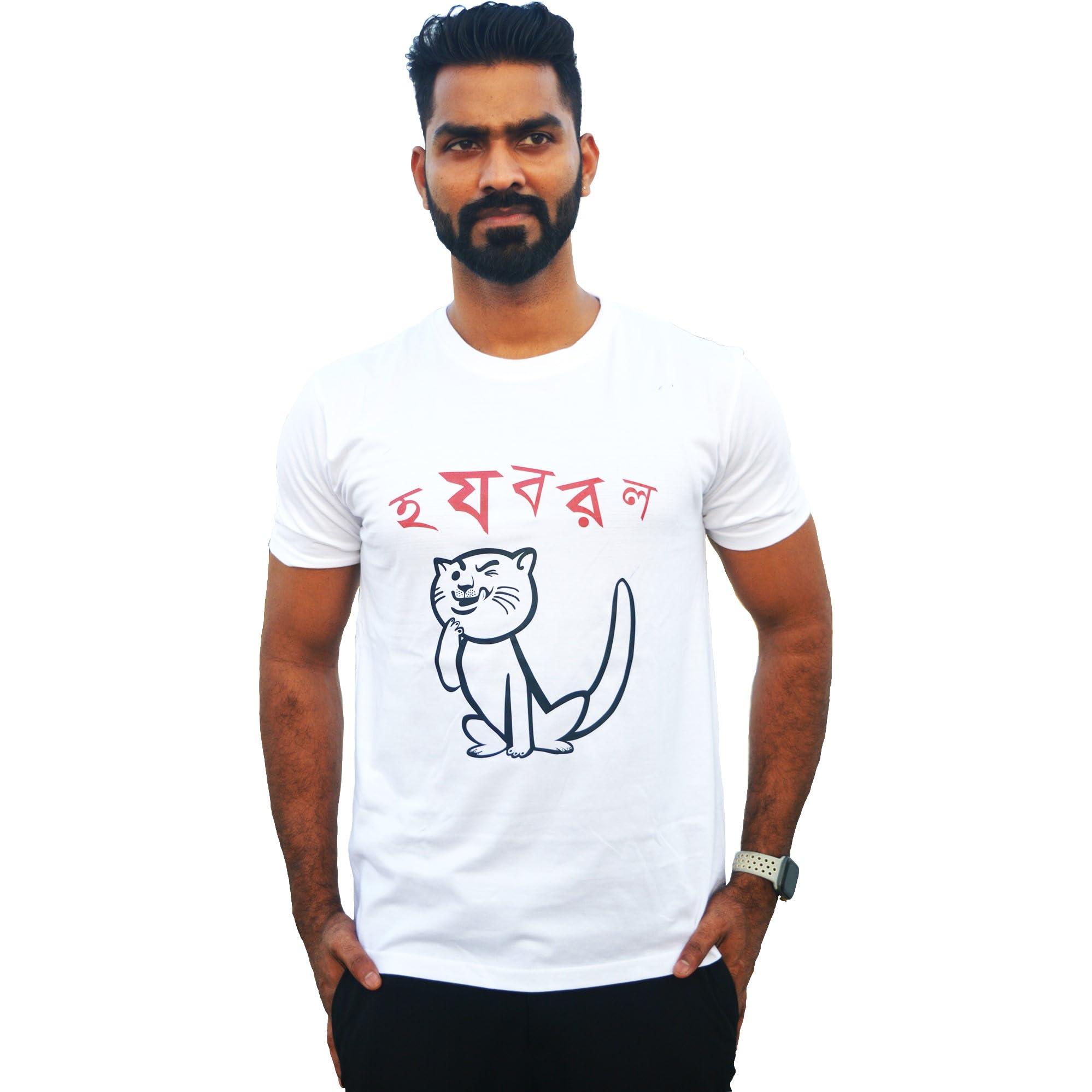 TWAKSATIHalf Sleeve Round Neck Biowashed Premium 100% Cotton Front & Back Printed White T Shirt for Men-Large - Ha ja Ba ra la (Bengali Font)
