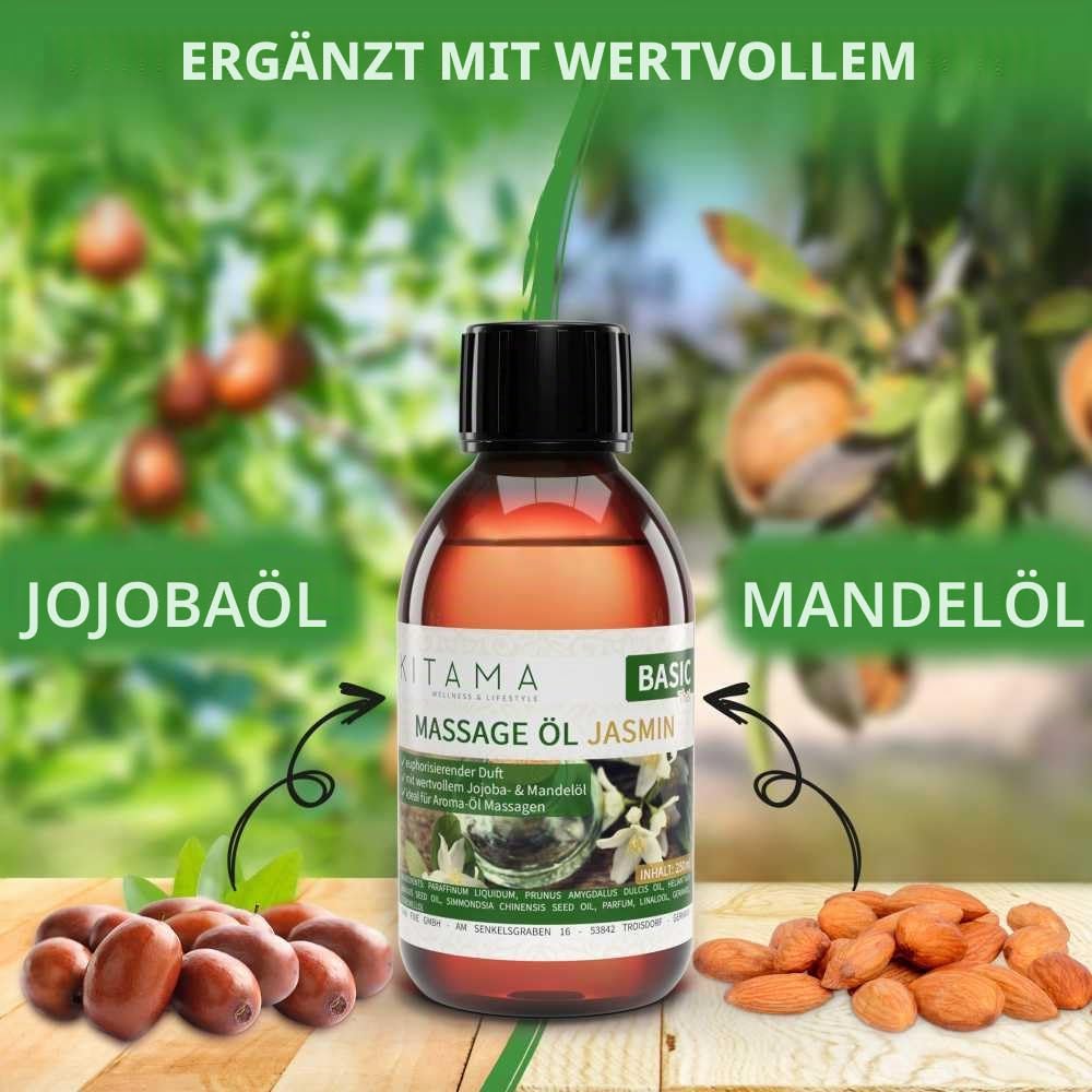Kitama Massageöl Aroma Set 6 x 1L - Rose Jasmin Orange Lavendel Kokos | Authentisches Thaimassage-Öl Set mit 6 Aromen inkl. Zitronengras. Hautfreundliches Körperöl für Spa, Wellness & Massage