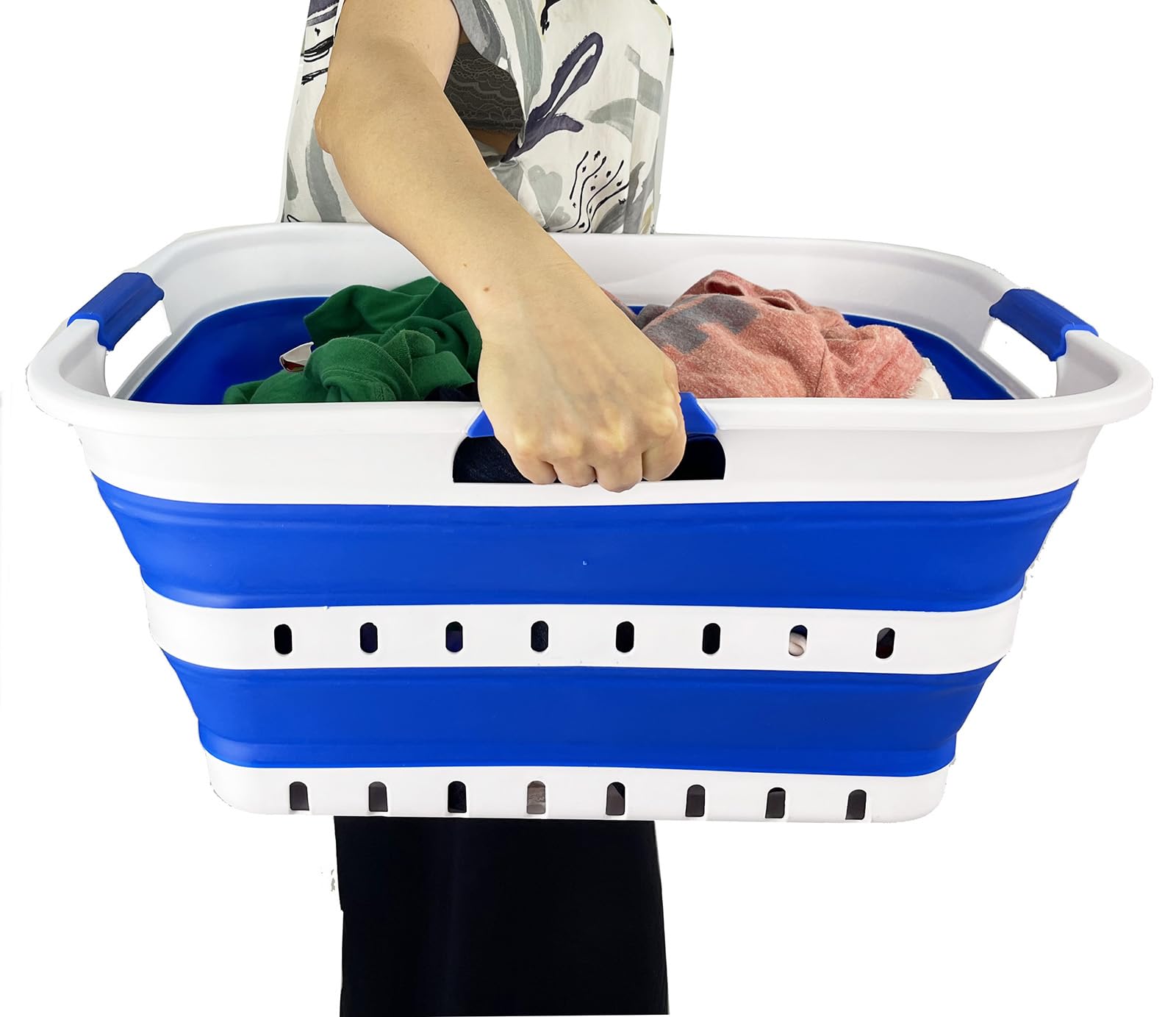 SAMMART Panier à linge pliable en plastique de 42 l - Panier de rangement pliable - Panier à linge portable - Peu encombrant (1, blanc/bleu foncé)