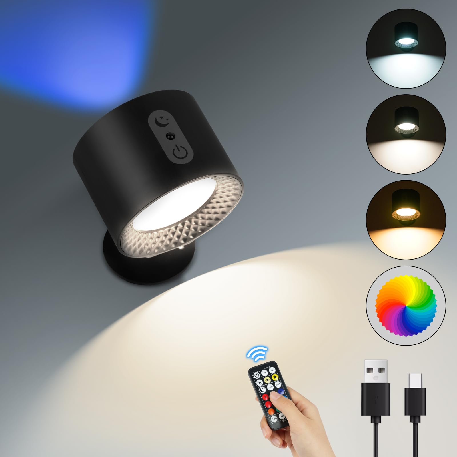 HOTUT 360° LED Wall Lamp, LED Up Down Wall Lamp with Remote and Touch Control, 9 Ambients RGB,3 Colour Modes, Timer Function, Rechargeable Wall Light for Bedrooms Reading