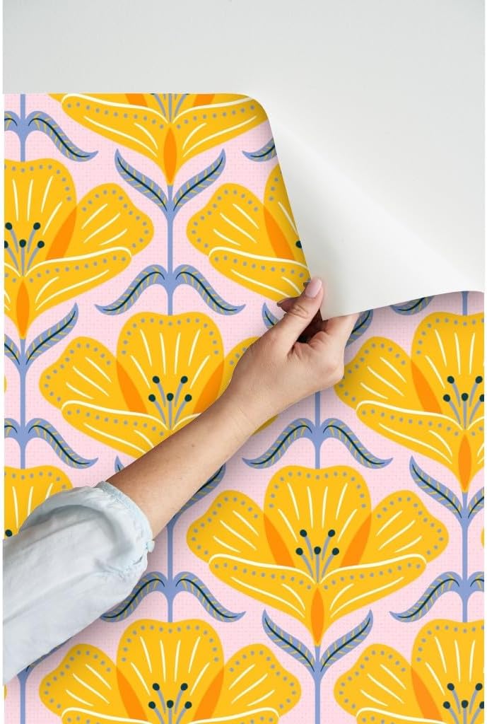 Peel & Stick Wallpaper Swatch - Maximalist Floral Large Scale Pink Orange Dopamine Decorating Scandinavian Botanical Seventies Custom Removable Wallpaper by Spoonflower