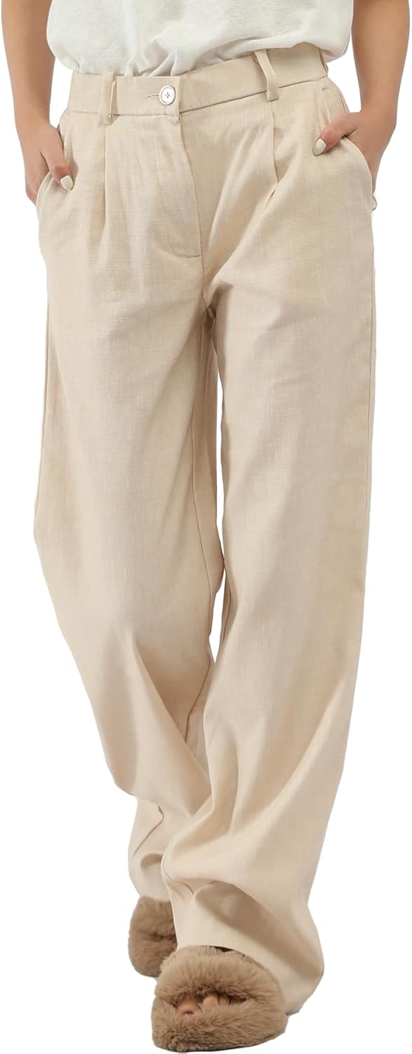 Dress Pants Women Wide Leg Linen Pants Women Palazzo High Waisted with Elastic Waist and Pockets Baggy Trousers