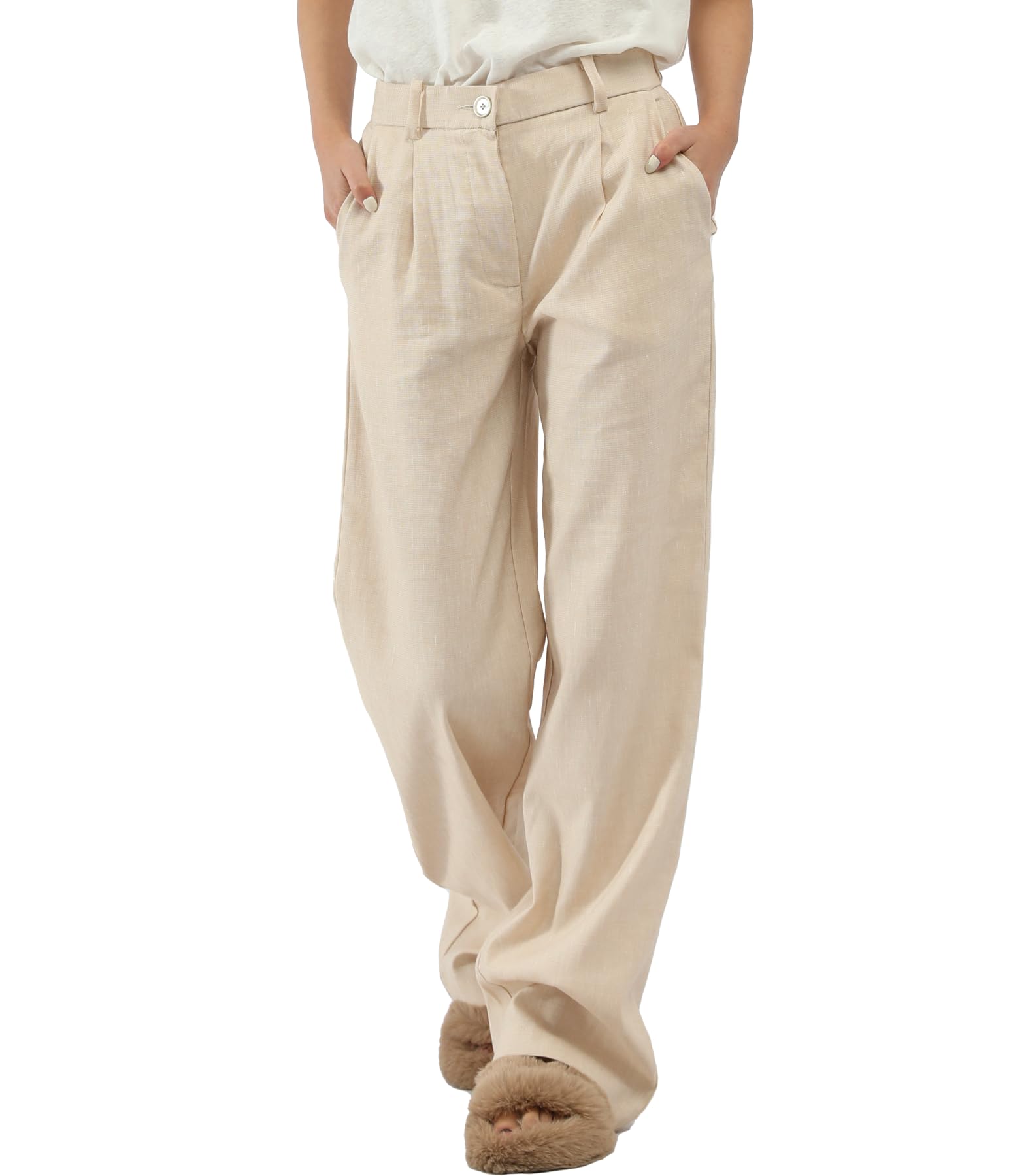 Dress Pants Women Wide Leg Linen Pants Women Palazzo High Waisted with Elastic Waist and Pockets Baggy Trousers