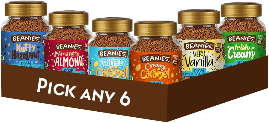 Beanies - Decaf Mix & Match Coffee Bundle, Customise Your 6 Jar Combo, 6 x 50g (300g), Freeze-Dried, Easy to Brew, Rich in Flavour, Low-Calorie, Sugar-Free