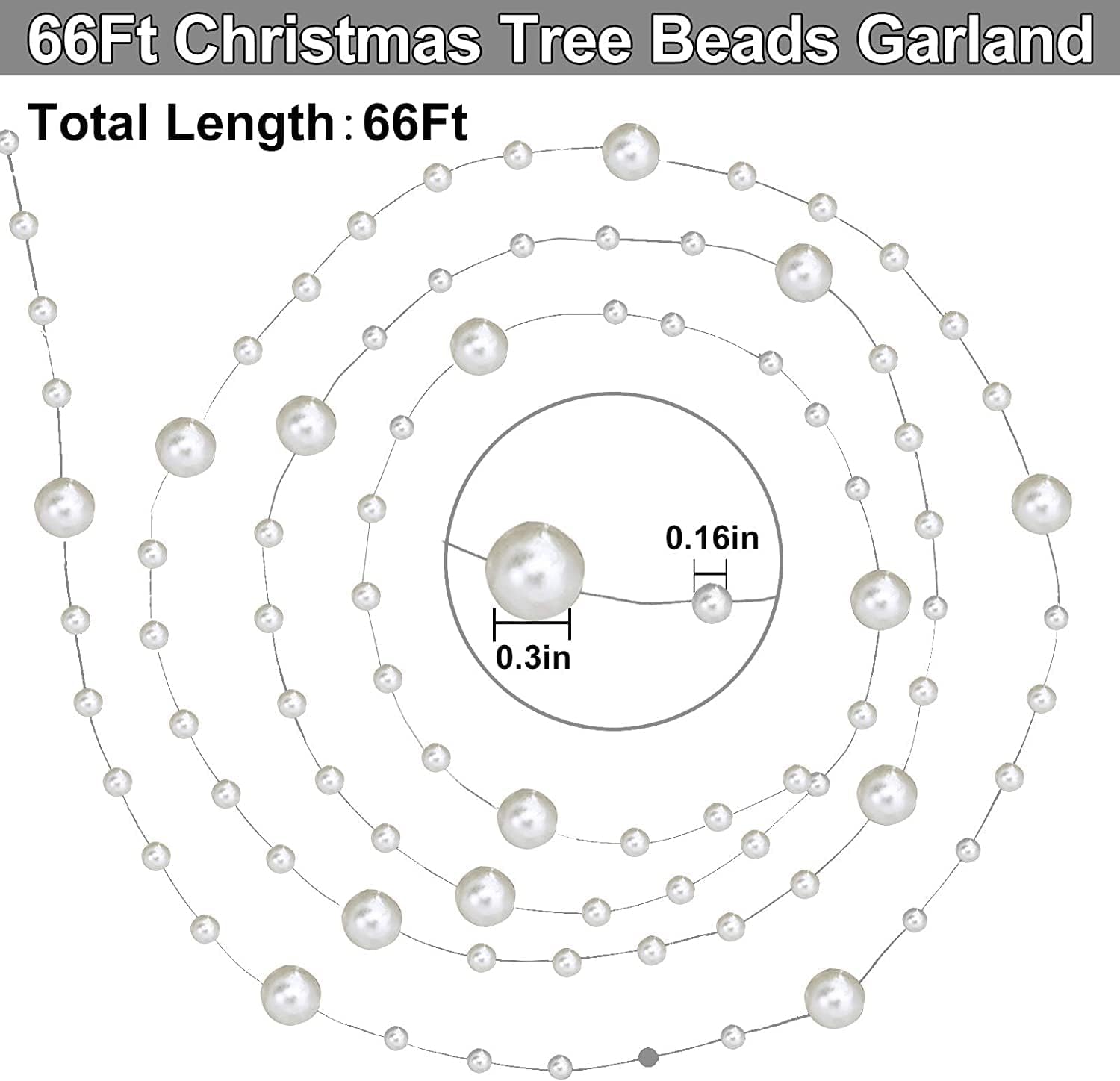 AMDX Silver Christmas Garland, 66 Feet, Pearl Strands, Mixed Size Beads, ABS, Nylon, Straight, Indoor/Outdoor - Image 2