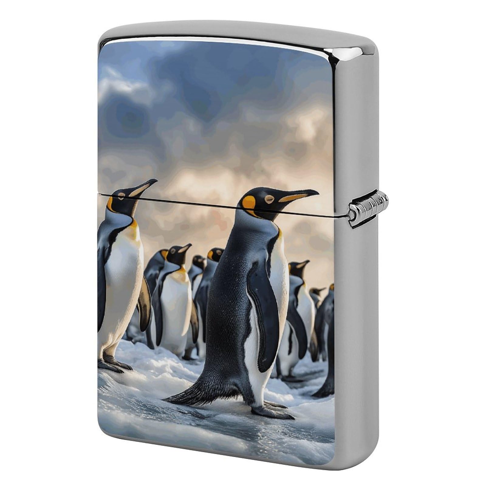 Sea Penguin Metal Lighter Case Windproof Vintage Lighters Holder Reusable Cool Cigarette Lighter Cover for Men Personalized Pocket Flip Lighters Sleeve Double Sided Portable Protective Sleeve