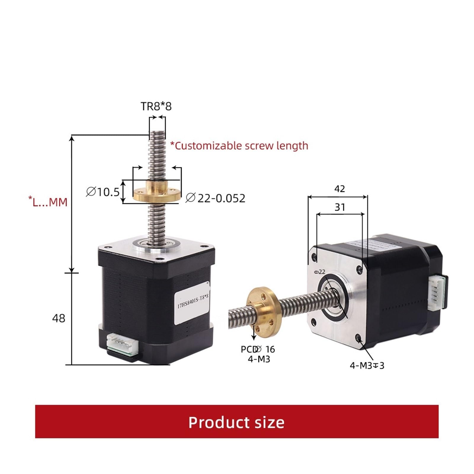 Motor Paso a Paso Lineal de Tornillo, 17HS8401S-T2/4/8 NEMA17 Motor Paso a Paso 1.8A 48MM Tornillo for Impresora 3D CNC(17HS8401S-200MM,Lead 2mm)