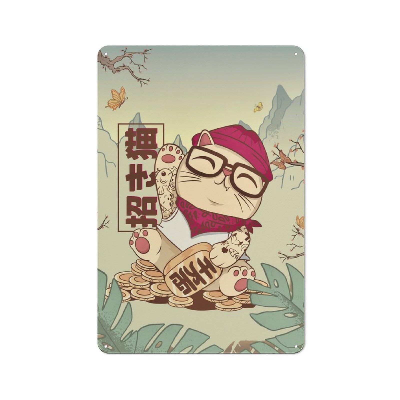 Junmoney Cool Maneki Neko Metal Plaque 30X20cm With For Garage Wall, Retro Decor, Housewarming Present For People Styling Garage